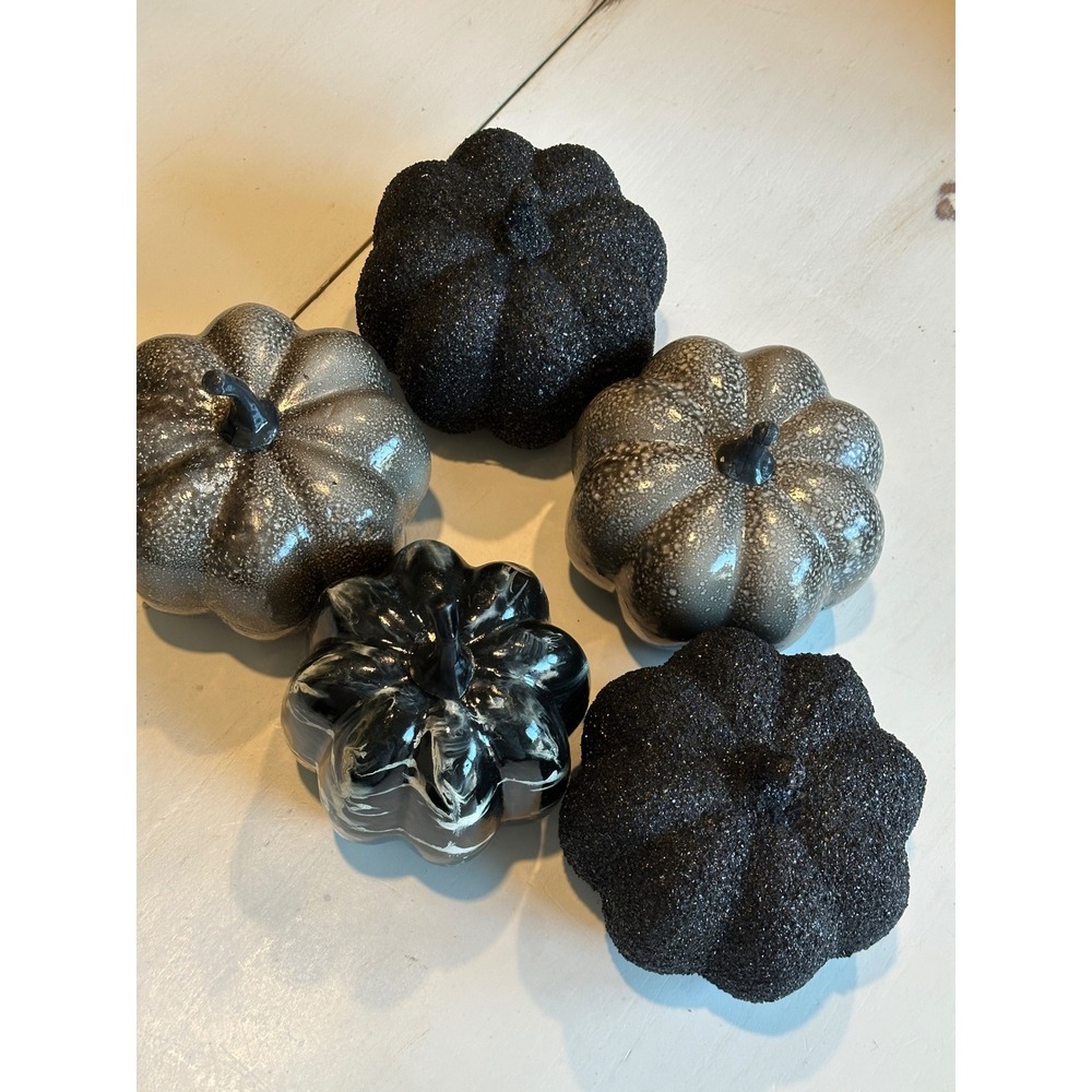 Black and Silver Decorative Pumpkins Set of 5 Glitter Marble Speckled Halloween - Picture 1 of 11